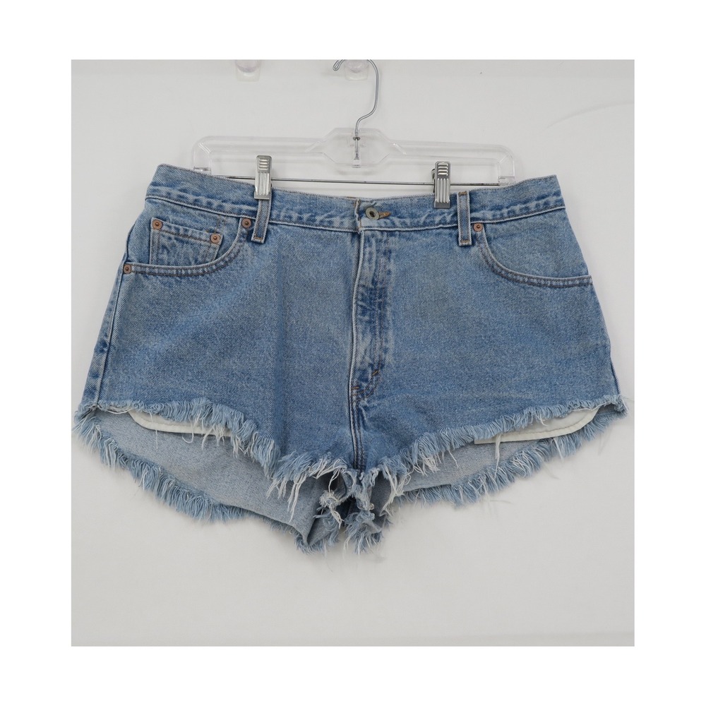 Vintage Levis 550 Relaxed Fit Denim Cut Off Shorts MedWash Blue Frayed Hem 16MIS